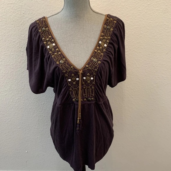 Anthropologie Purple Boho Embellished Top Medium Tassels  RARE FEW LOOSE THREADS - Picture 1 of 10
